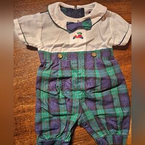 Vintage Baby Boy Dress Up Collared Onsie Outfit Plaid 3-6 months